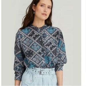 Megan Park Aulia Silk Blend Blouse Geometric Floral Block Print Size 6